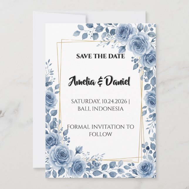 Dusty Blue Floral Save the Date Card (Front)