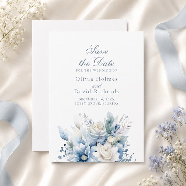 Dusty Blue Floral Save the Date Card (Dusty Blue Floral Save the Date Card)