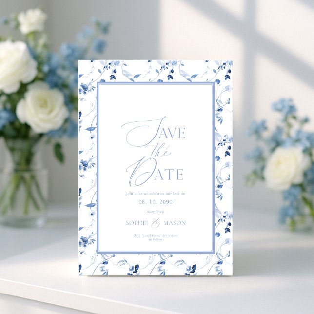 Dusty Blue Floral Save the Date Card (Creator Uploaded)