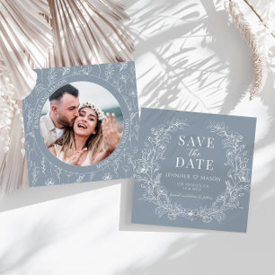 Dusty blue floral Save the Date photo invitation