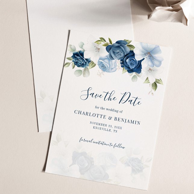 Dusty Blue Floral Script Botanical Wedding Save The Date (Dusty Blue Floral Wedding Save the Date Card)