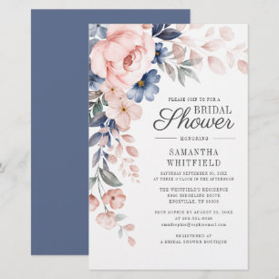 Dusty Blue Floral Script Bridal Shower Invitation Stationery
