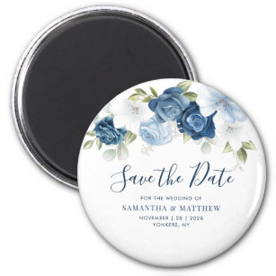 Dusty Blue Floral Script Keepsake Save the Date Magnet