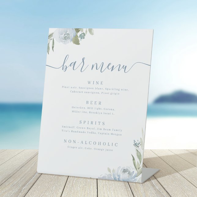 Dusty blue floral script rustic Bar Menu Pedestal Sign (Dusty blue floral script rustic Bar Menu Pedestal Sign)
