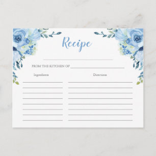 Dusty Blue floral silver bridal shower recipe card