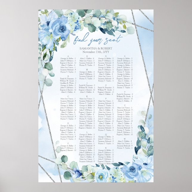 Dusty Blue floral silver frame sage Alphabetical Poster (Front)