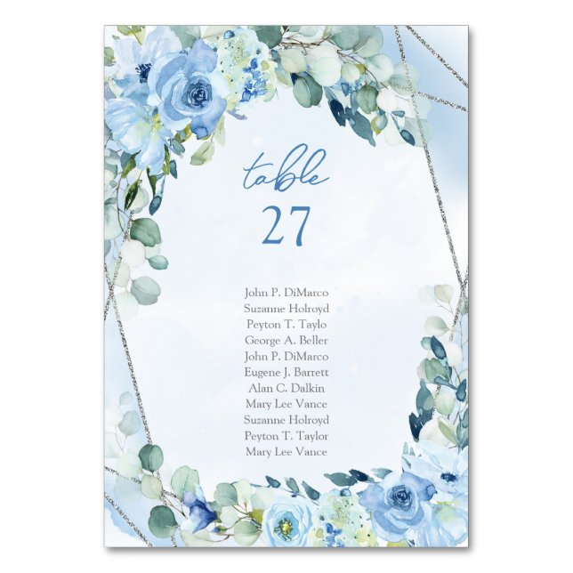 Dusty Blue Floral Silver Geometric table number (Front)