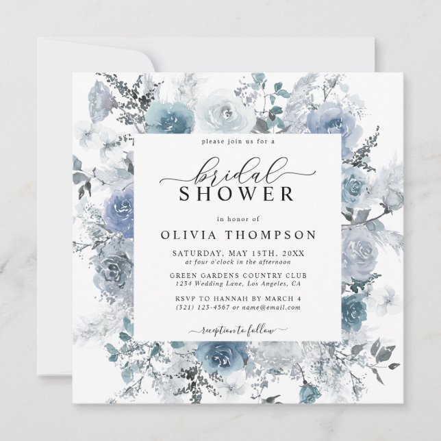 Dusty Blue Floral Slate Pastel Boho Bridal Shower Invitation (Front)