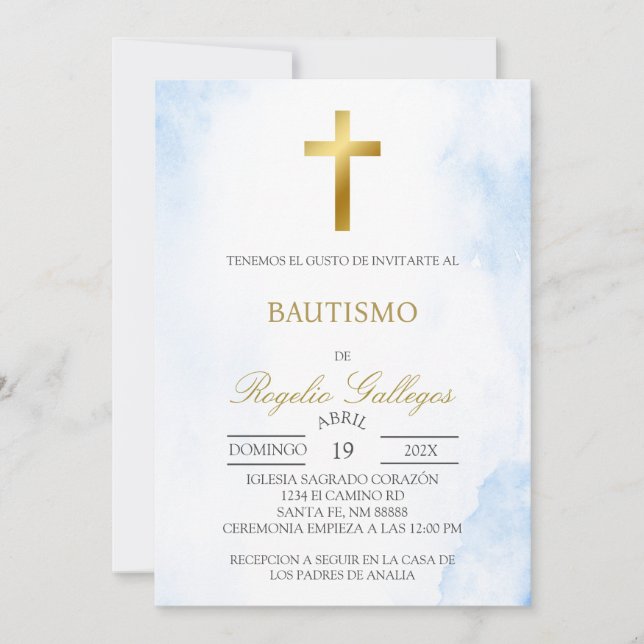 Dusty blue floral Spanish baptism  Invitation (Front)