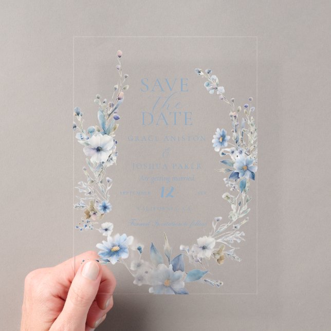Dusty Blue Floral Spring greenery Wedding Acrylic Invitations (Insitu (Handheld))
