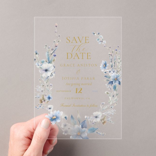 Dusty Blue Floral Spring greenery Wedding Acrylic Invitations (Insitu (Handheld))