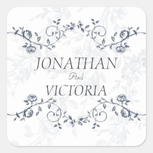 Dusty Blue Floral Square Wedding Envelope Stickers