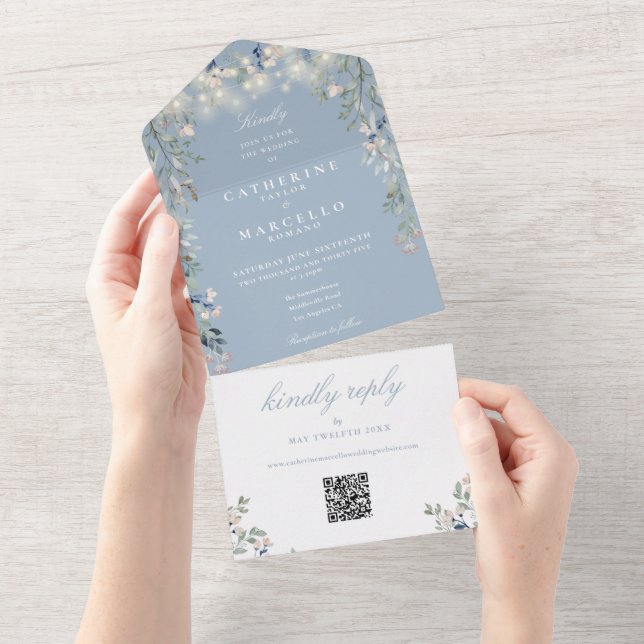 Dusty Blue Floral String Lights QR Code Wedding All In One Invitation (Tearaway)