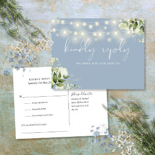 Dusty Blue Floral String Lights Song Request RSVP Invitation Postcard
