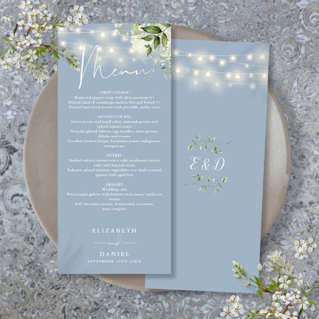 Dusty Blue Floral String Lights Wedding Dinner Menu (Dusty Blue Floral String Lights Wedding Dinner Menu)