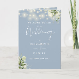 Dusty Blue Floral String Lights Wedding  Program