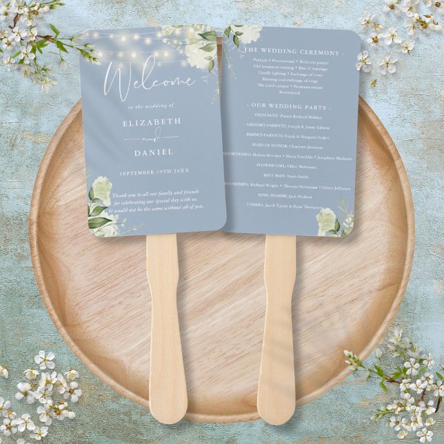Dusty Blue Floral String Lights Wedding Program Hand Fan (Dusty Blue Floral String Lights Wedding Program Hand Fan)