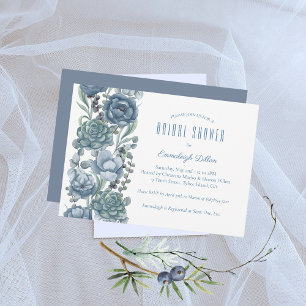 Dusty Blue Floral Succulents Bridal Shower Invitation