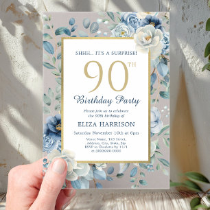 Dusty Blue Floral Surprise 90th Birthday  Acrylic Invitations