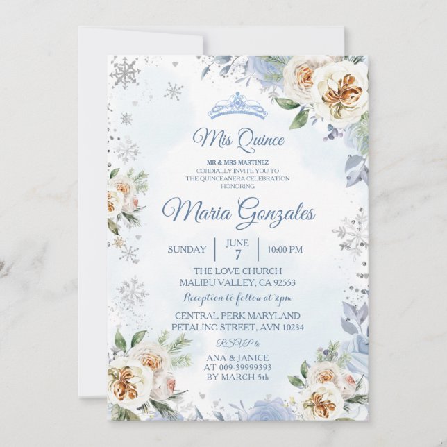 Dusty Blue & Floral Sweet 15e Invitation d'anniver (Devant)