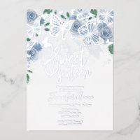 Dusty Blue Floral Sweet 16 Butterfly Silver