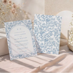 Dusty Blue Floral Toile Monogram Wedding Arch Invitation