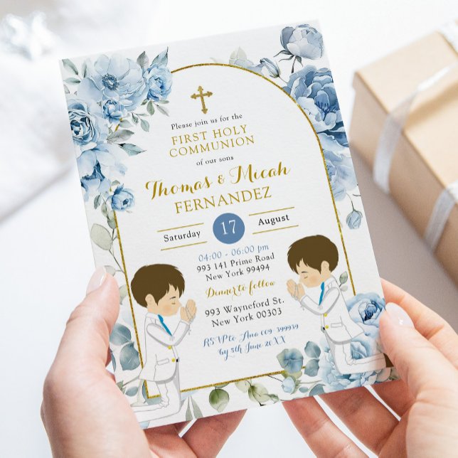 Dusty Blue Floral Twins Boy Praying Holy Communion Invitation (Creator Uploaded)