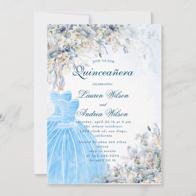 dusty blue floral twins Quinceañera Invitation (Front)