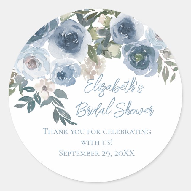 Dusty Blue Floral Watercolor Bridal Shower Favours Classic Round Sticker (Front)