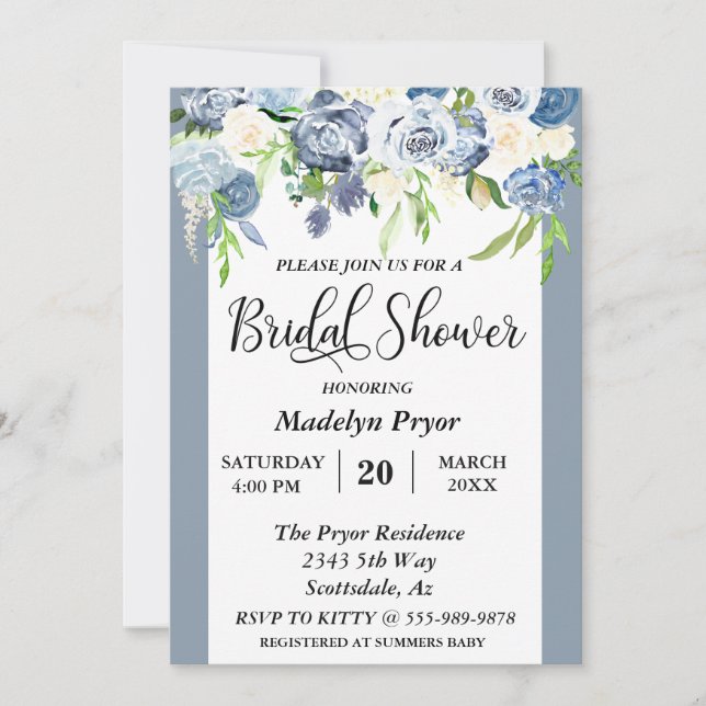 Dusty Blue Floral Watercolor Bridal Shower Invitation (Front)