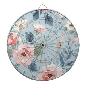 Dusty Blue Floral Watercolor Garden Pink Blooms Dartboard