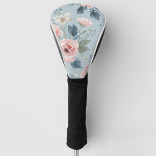 Dusty Blue Floral Watercolor Garden Pink Blooms Golf Head Cover