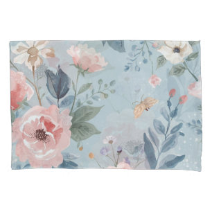 Dusty Blue Floral Watercolor Garden Pink Blooms Pillowcase