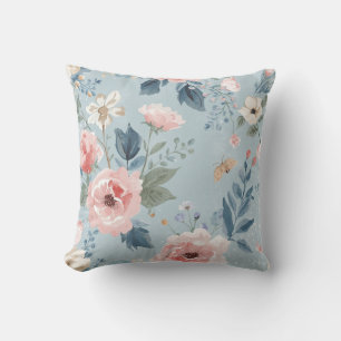 Dusty Blue Floral Watercolor Garden Pink Blooms Throw Pillow