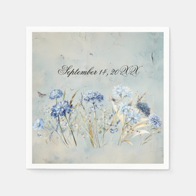 Dusty Blue Floral Watercolor Paper Napkins (Front)