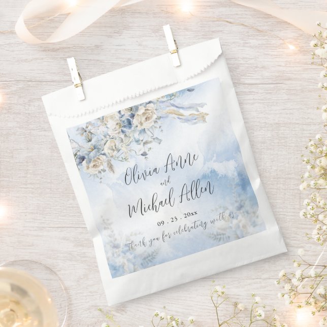 Dusty Blue Floral Watercolor Script Wedding Favour Bag (Clipped)