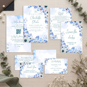 Dusty Blue Floral Watercolor Wedding Invitation