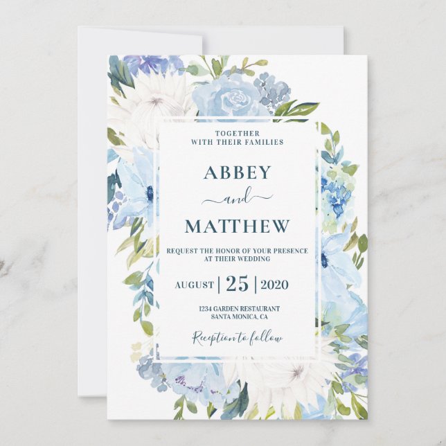 Dusty Blue floral watercolor wedding Invitation (Front)