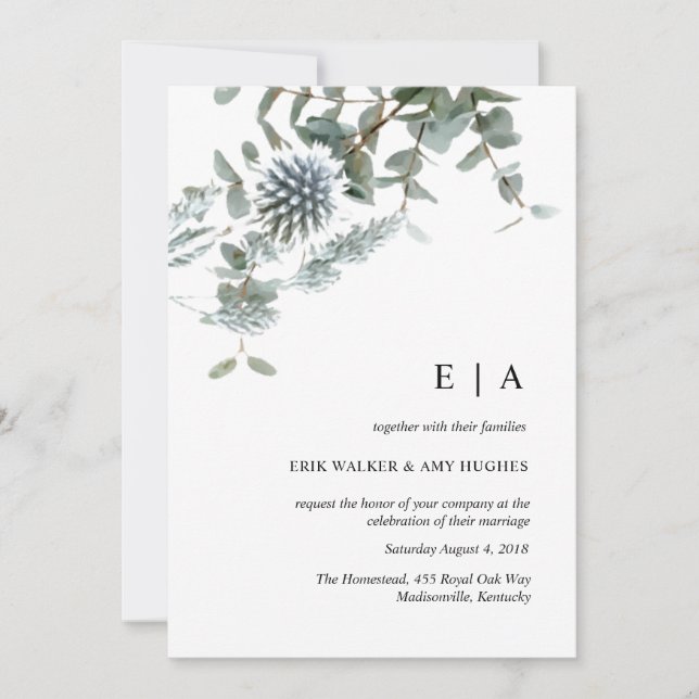 Dusty blue floral watercolor wedding invitation (Front)
