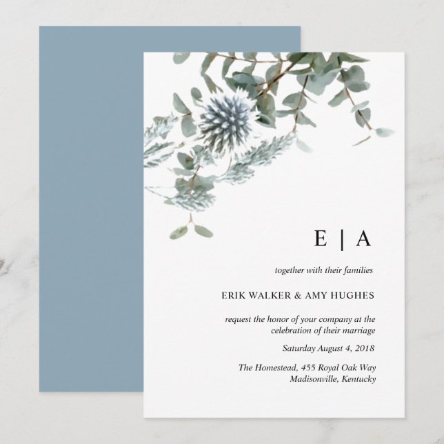 Dusty blue floral watercolor wedding invitation (Front/Back)