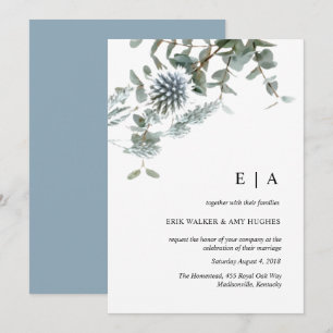 Dusty blue floral watercolor wedding invitation