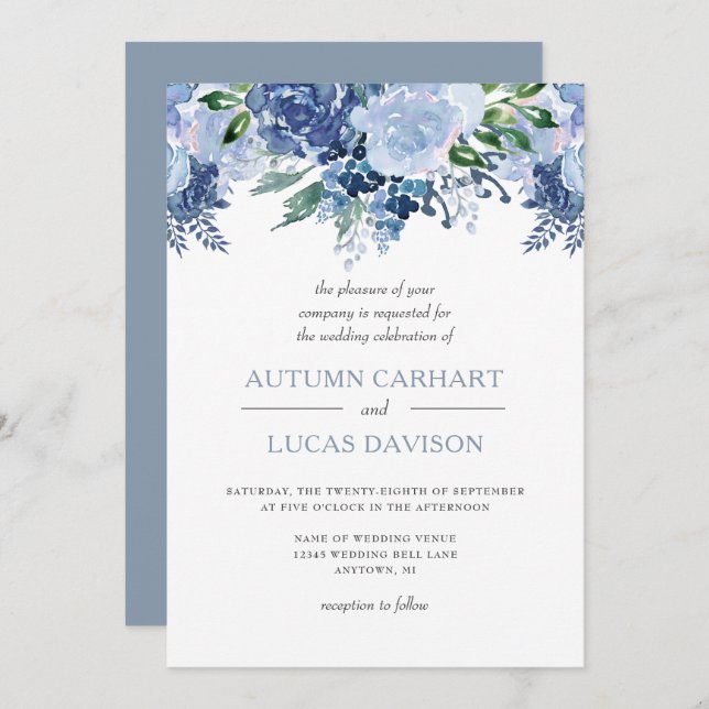 Dusty Blue Floral Watercolor Wedding Invitation (Front/Back)