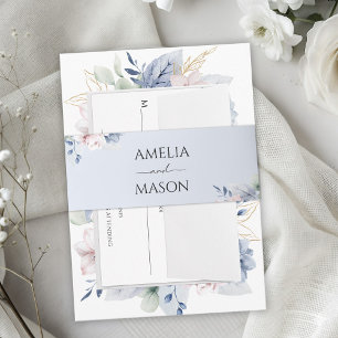 Dusty Blue Floral Watercolor Wedding Invitation Belly Band
