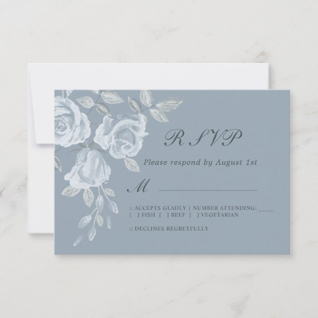 Dusty Blue Floral Watercolor Wedding RSVP Card (Front)