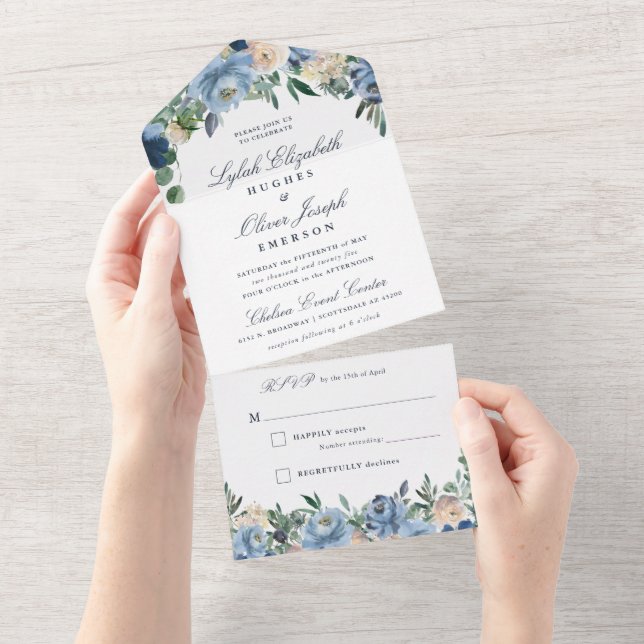 Dusty Blue Floral Wedding All In One Invitation (Tearaway)