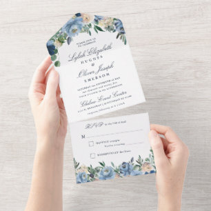 Dusty Blue Floral Wedding All In One Invitation