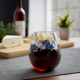 Dusty Blue Floral Wedding Bridesmaid Favour Stemless Wine Glass