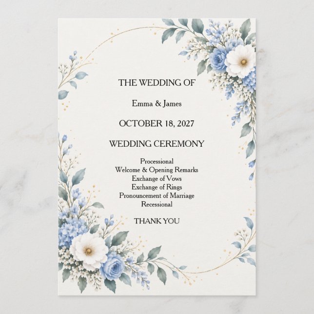 Dusty Blue Floral Wedding Ceremony Program (Front)