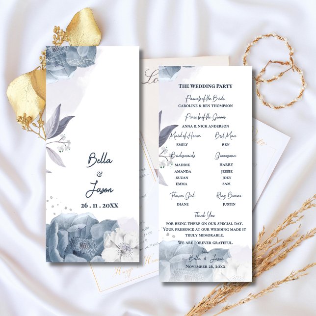 Dusty Blue Floral Wedding Ceremony Program (Dusty Blue Romantic Floral Wedding Program | Elegant Ceremony Program Card )