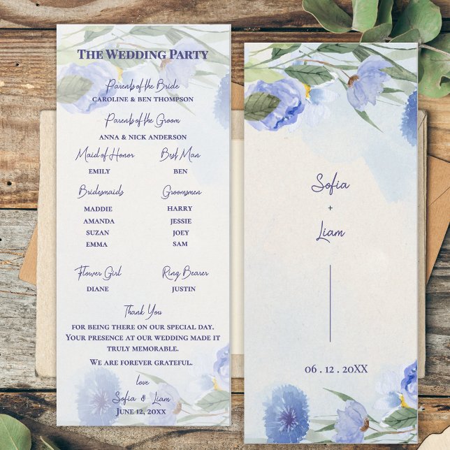 Dusty Blue Floral Wedding Ceremony Program (Dusty Blue Watercolor Floral Wedding Program Card | Elegant Blue Botanical Ceremony Order of Events )
